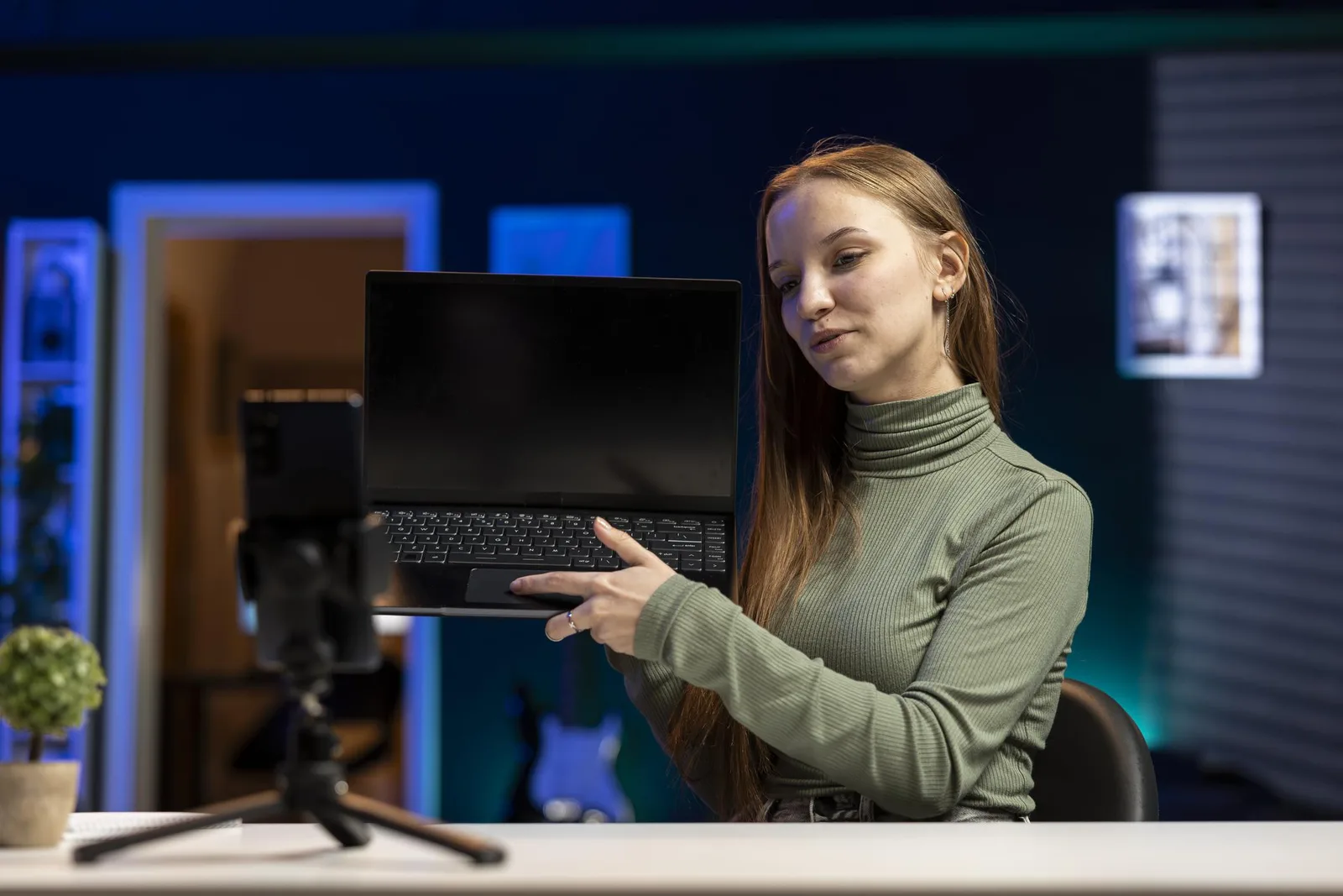 Technology review workspace with laptop